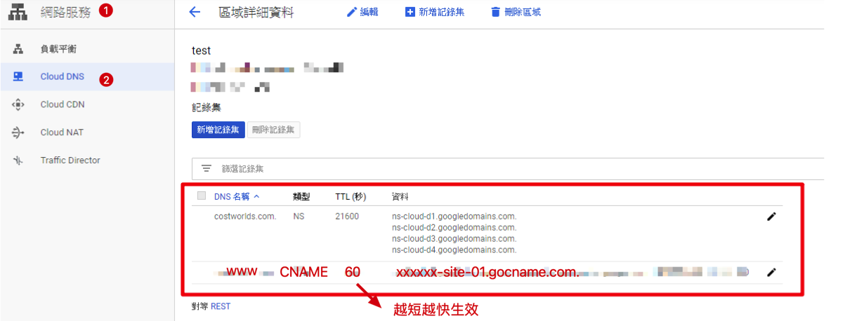 Google Cloud DNS 設定示意圖